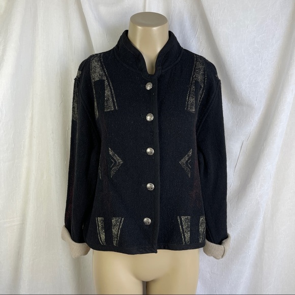 🚫SOLD🚫 Chico’s Southwestern Black Red Aztec Print Buffalo Nickel Buttons Wool - Picture 2 of 16